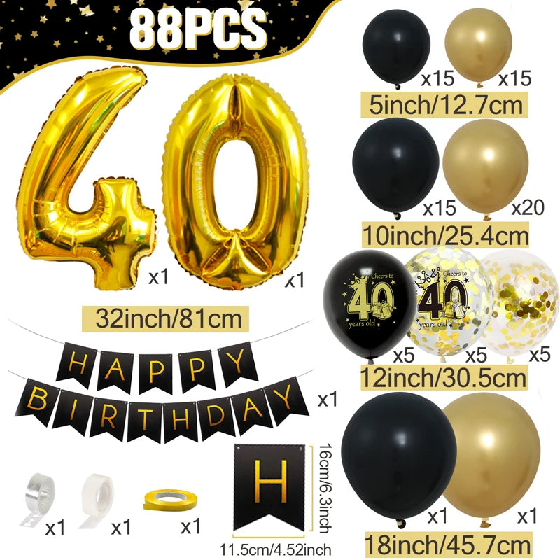 A set of 88 pieces including foil balloons shaped like the number 40, various sized latex balloons in black and gold, and a b