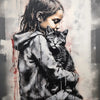 A dark-haired girl is hugging a black cat, rendered in a Banksy style illustration on canvas.