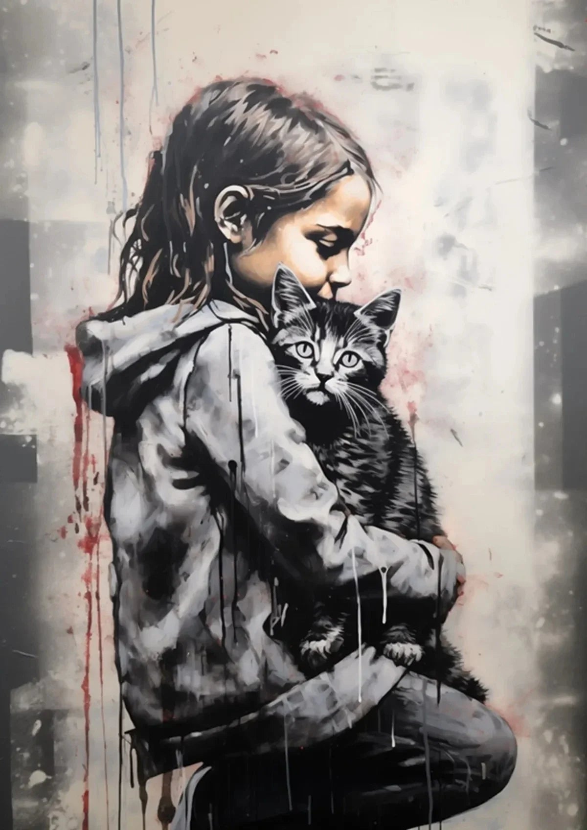 A dark-haired girl is hugging a black cat, rendered in a Banksy style illustration on canvas.