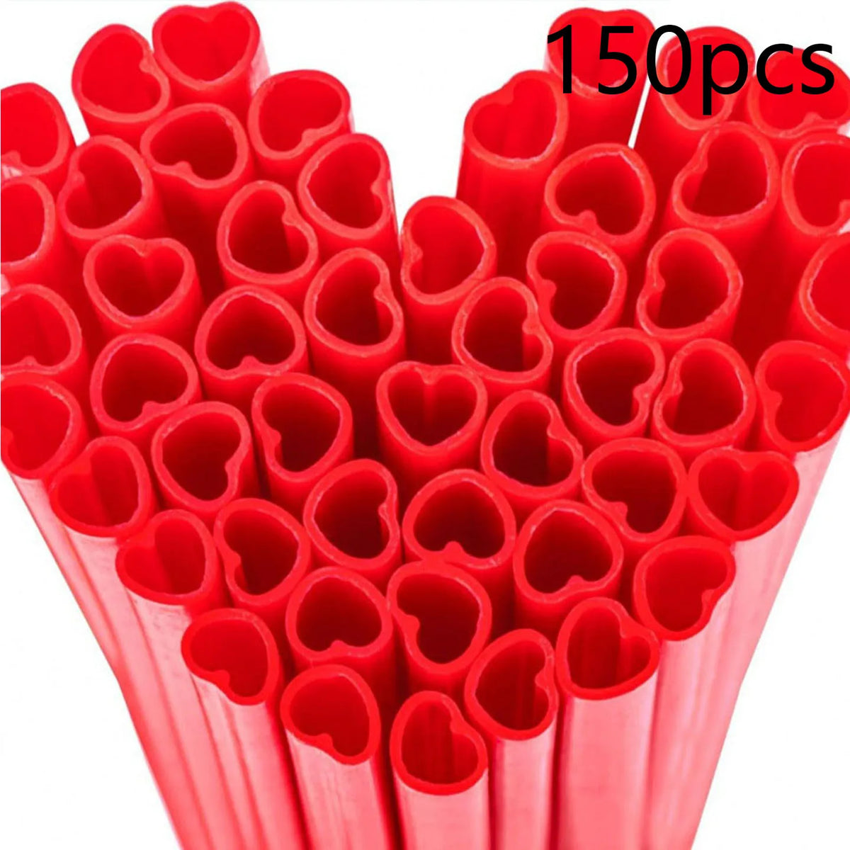 A close-up view of a large pack of 150 heart-shaped red disposable straws.