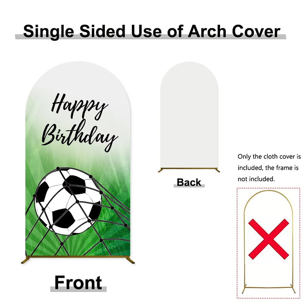 Single sided arch cover backdrop for a birthday photo featuring a soccer ball and green foliage.