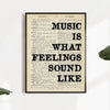Vintage newspaper style canvas wall art featuring various words like MUSIC, FEELINGS, and SOUND