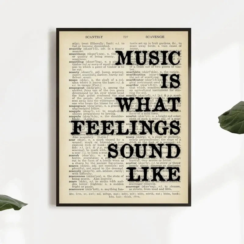 Vintage newspaper style canvas wall art featuring various words like MUSIC, FEELINGS, and SOUND