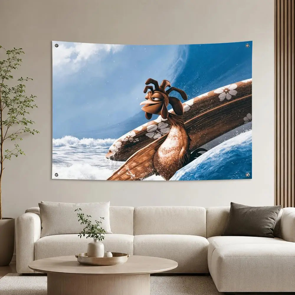 A tapestry featuring a dramatic blue sky and clouds with a brown, movie-inspired animal silhouette.