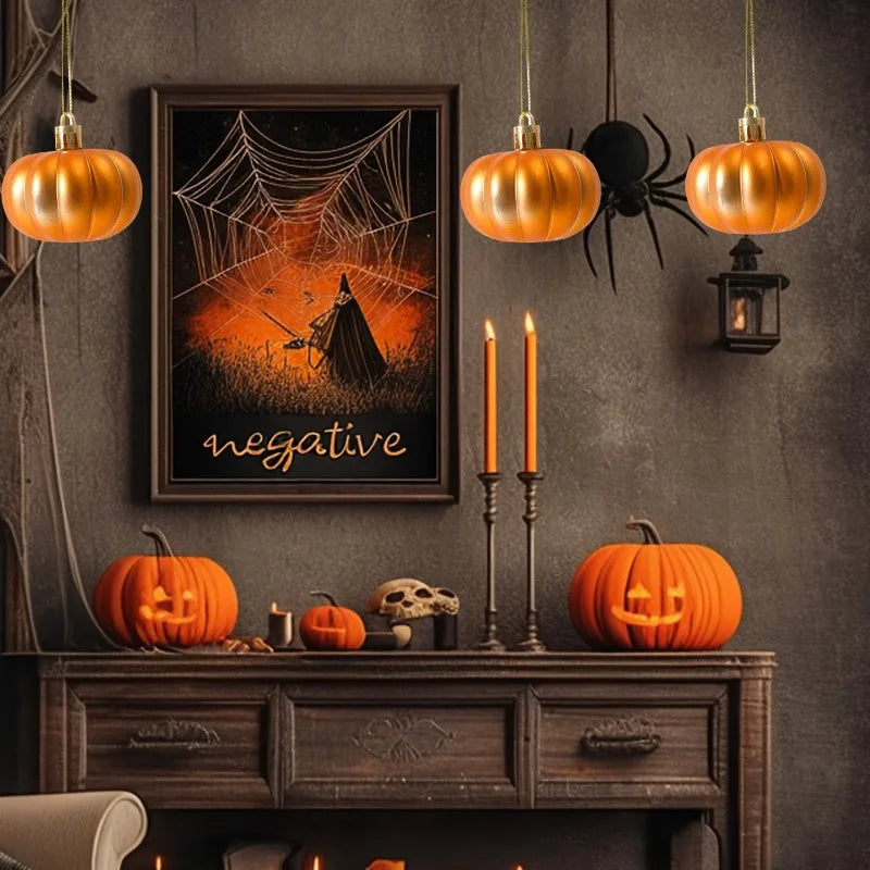 A dark wall display featuring orange pumpkin ornaments, black spider decorations, and candles above a wooden cabinet.