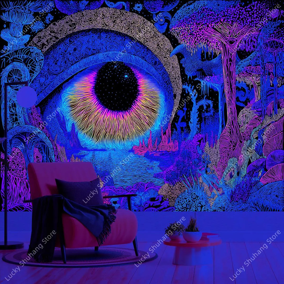 A vibrant psychedelic tapestry featuring glowing geometric patterns and an eye motif in purple, blue, and neon colors.