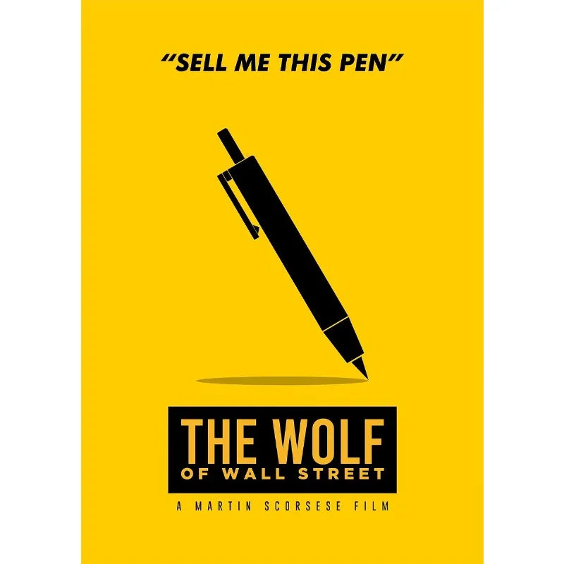 A yellow poster featuring a black pen and the title The Wolf of Wall Street a Martin Scorsese film