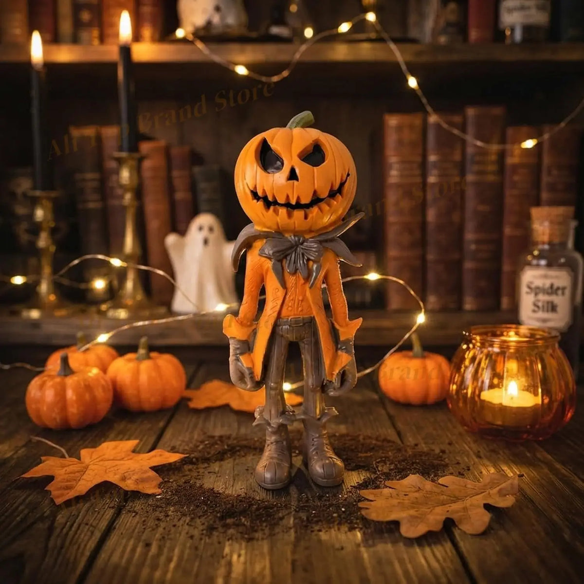 Figurine de citrouille orange déguisée en personnage effrayant, posée sur une surface en bois entourée de feuilles d'automne