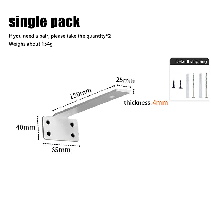 A single heavy-duty floating shelf bracket is shown with dimensions including 40mm, 65mm, and 150mm lengths.