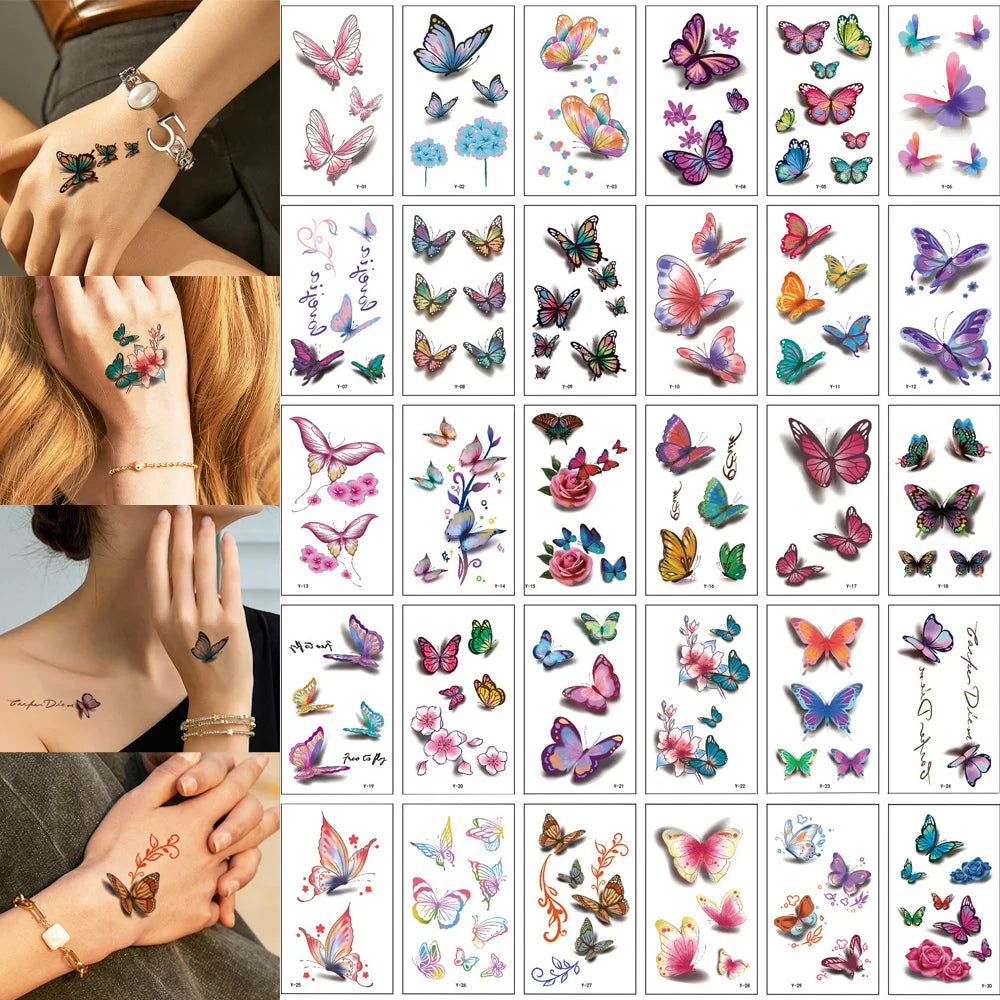 A collection of 30 waterproof temporary body art stickers featuring various colorful butterflies and floral designs.