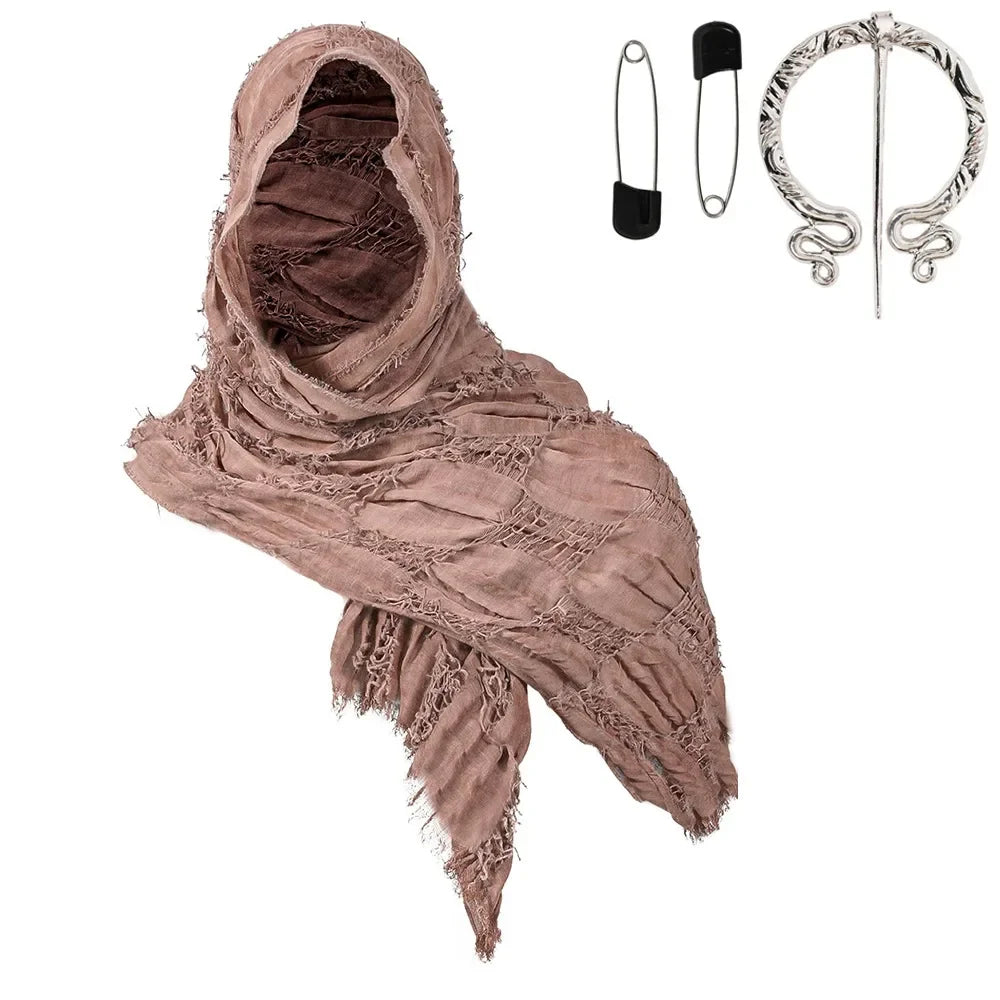 A textured, dusty rose hooded cloak or cape with fringed edges and a silver Viking-style brooch.