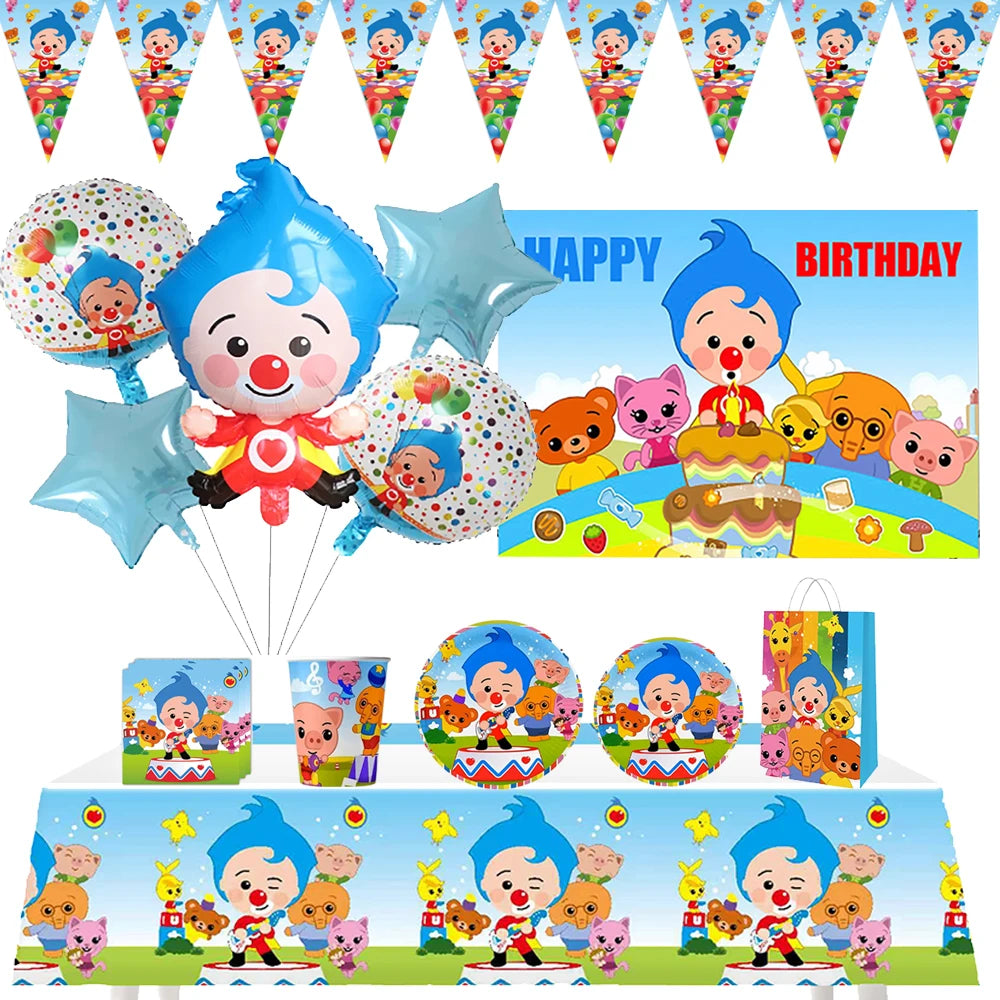 A set of circus theme birthday party decor including colorful bunting flags, balloons, and character graphics.