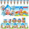 A set of circus theme birthday party decor including colorful bunting flags, balloons, and character cutouts.