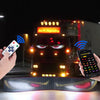 A flexible LED matrix display panel is shown illuminating a dark background, with hands interacting with it and a vehicle in 