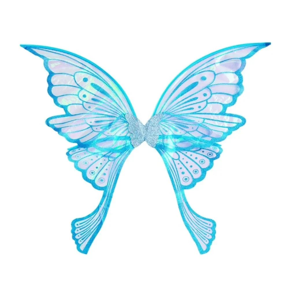 Sparkling fairy wings costume set featuring iridescent blue wings and a wand