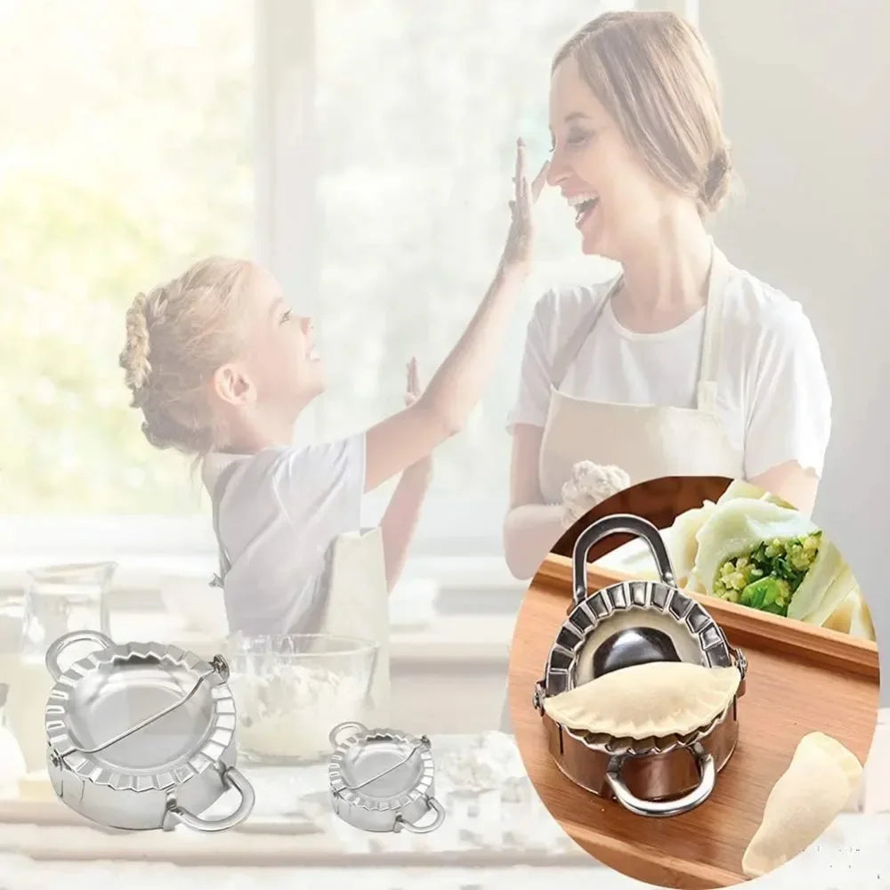 Stainless steel dumpling maker with crimped edge next to a woman and child making dumplings.