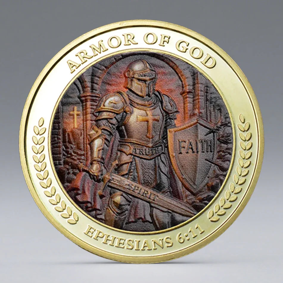 Gold plated coin featuring a knight armor design and the scripture Ephesians 6:11