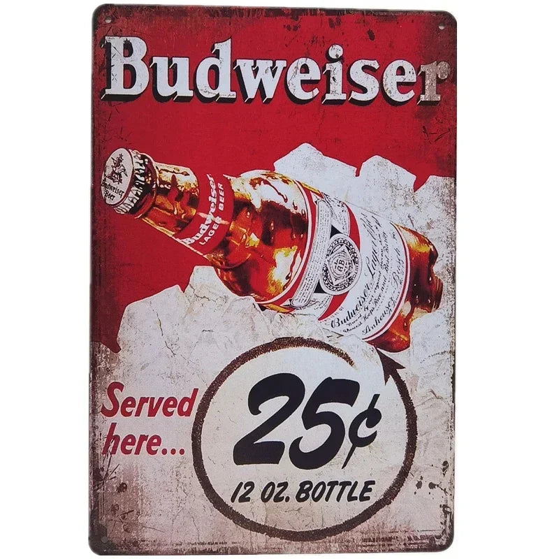 Vintage red metal sign advertising Budweiser beer served in a bottle for $25