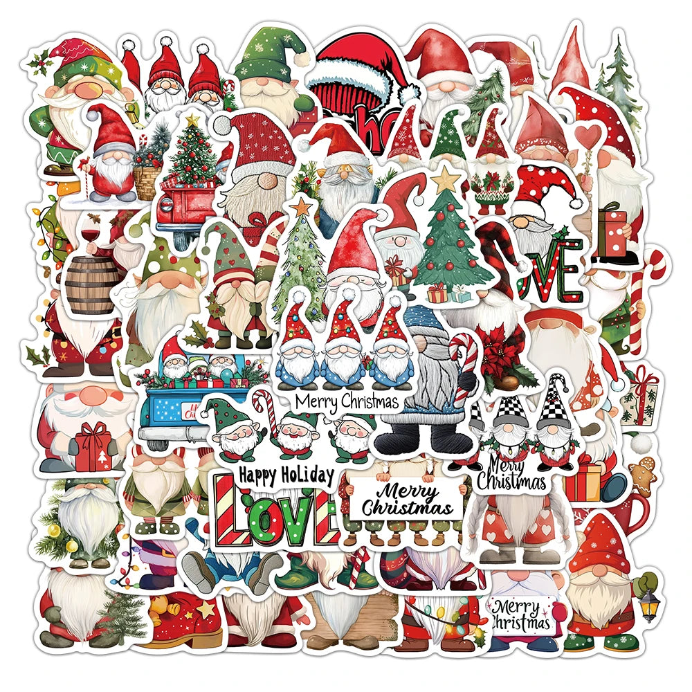 A sticker pack featuring various cute Christmas dwarf and Santa decorations in red, green, and white.