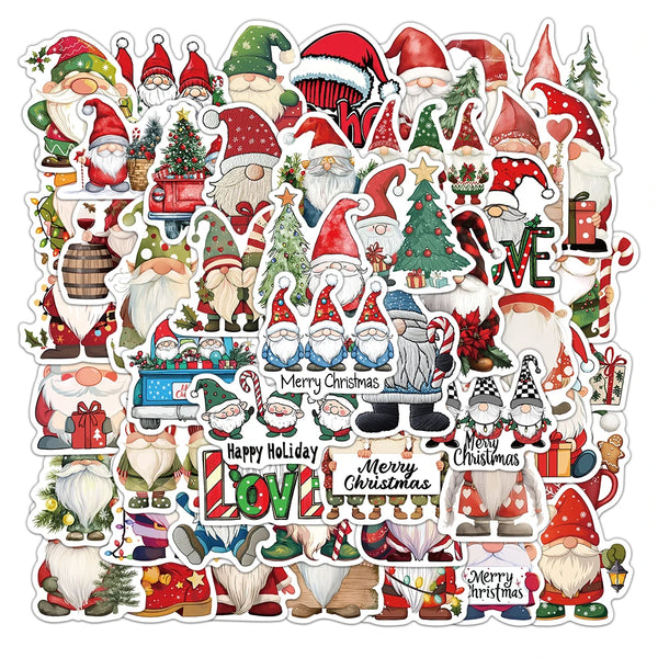 A sticker pack featuring various cute Christmas dwarf and Santa decorations in red, green, and white.