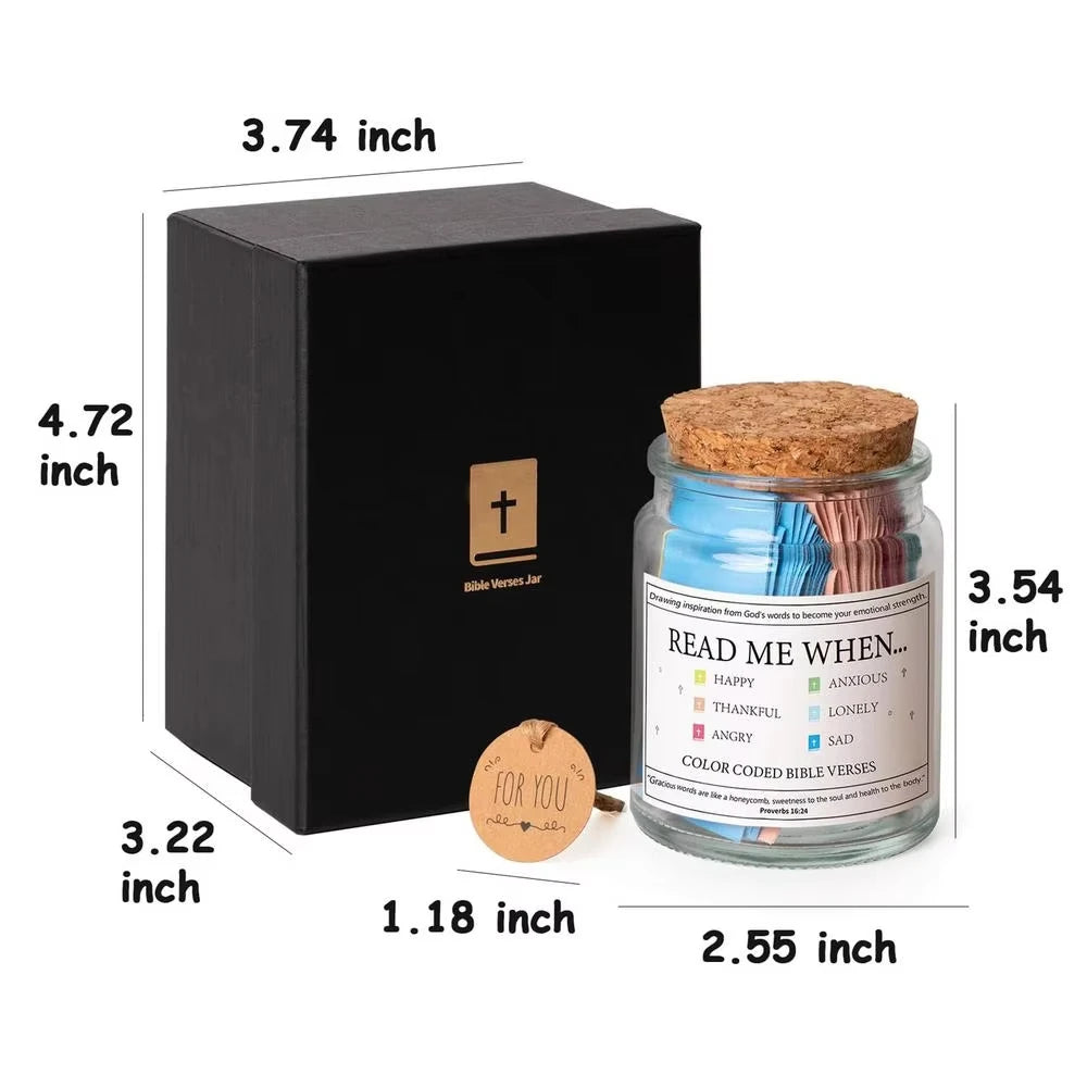 A black box containing a glass jar of color-coded Bible verses for emotional guidance.