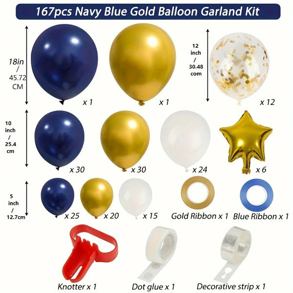 A kit containing 167 navy blue and gold balloons, ribbons, and glue for creating a balloon garland.