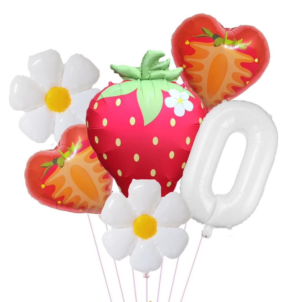 A set of six foil balloons shaped like a heart, strawberry, and flower in various colors.