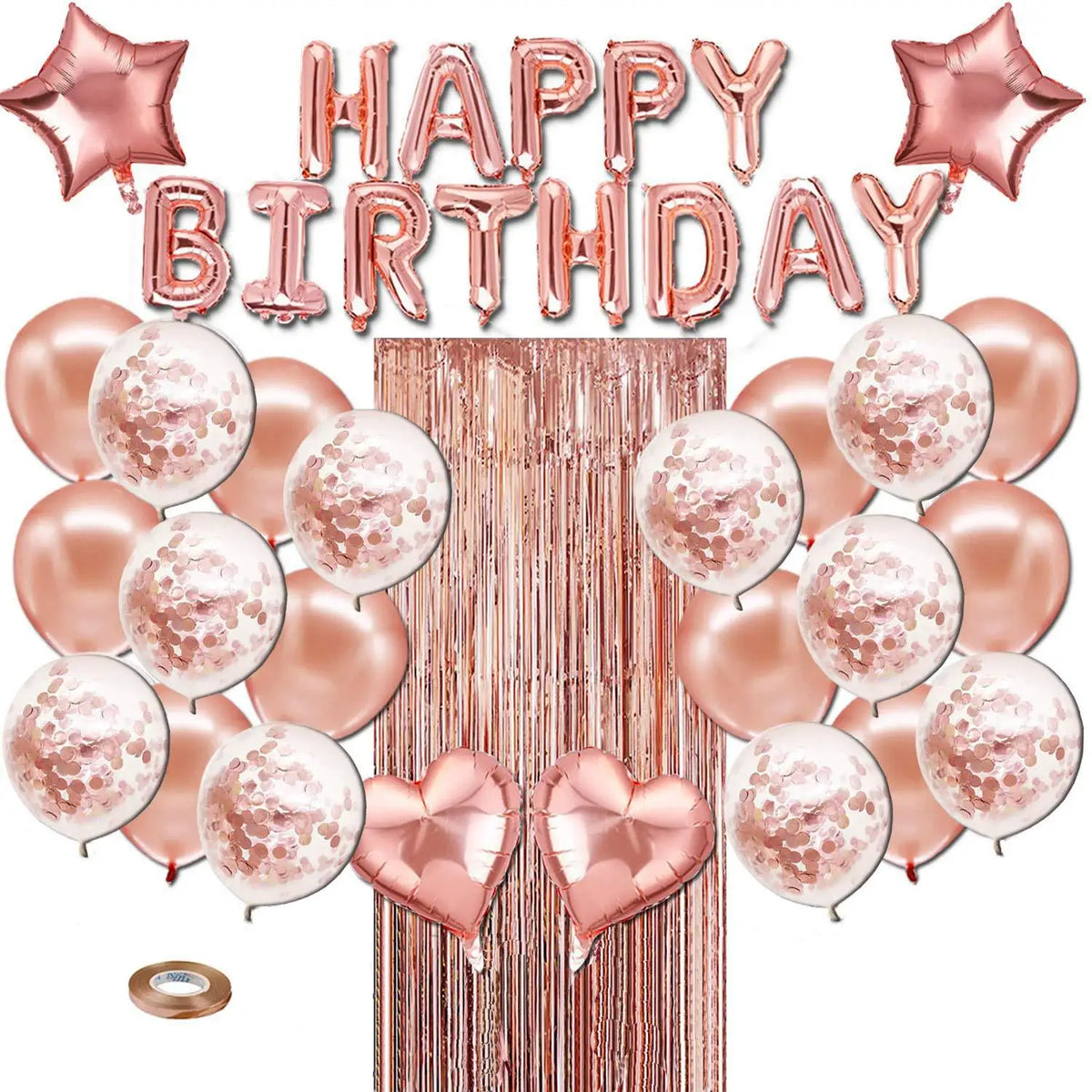 A set of rose gold foil balloons spelling out Happy Birthday with gold confetti stars and a wooden background.