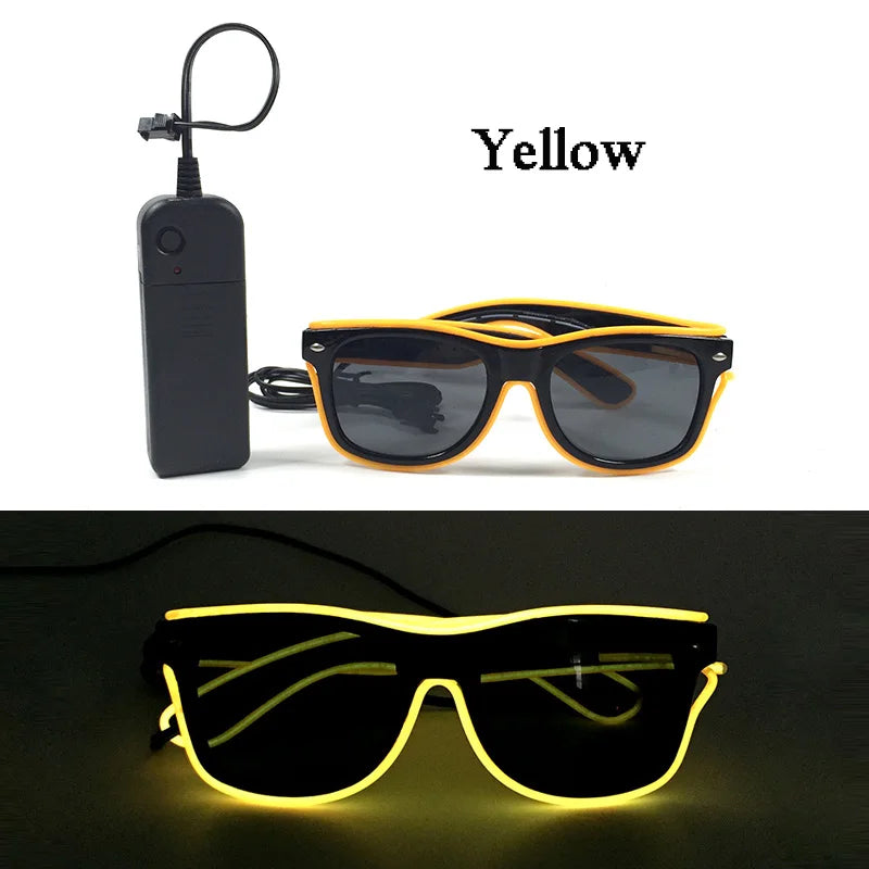 Yellow light up EL wire party sunglasses shown in a pair.