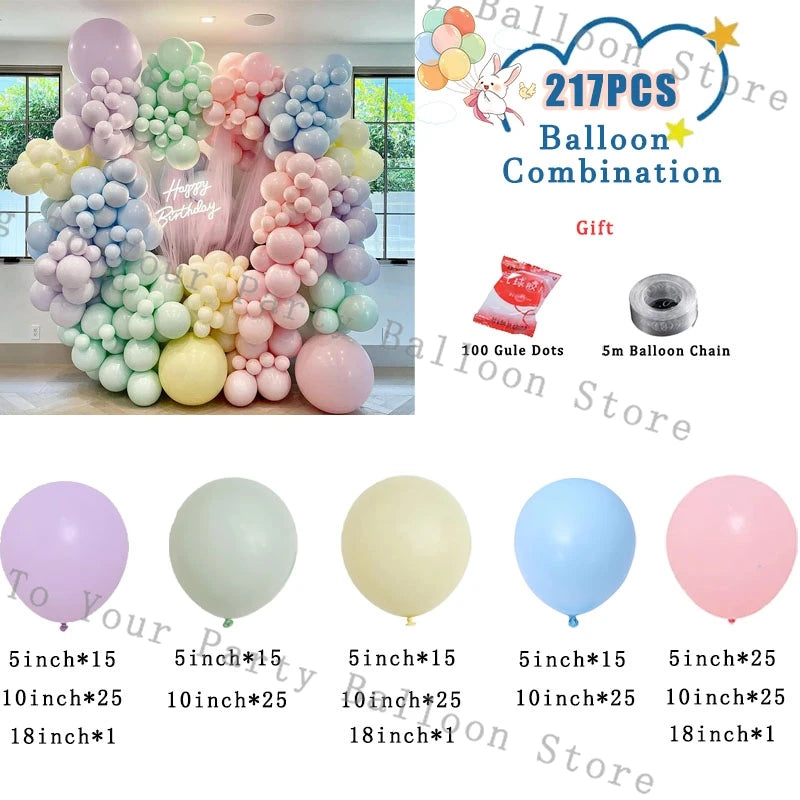 A balloon combination kit featuring pastel pink and white balloons, including a garland arch and a 5m balloon chain.