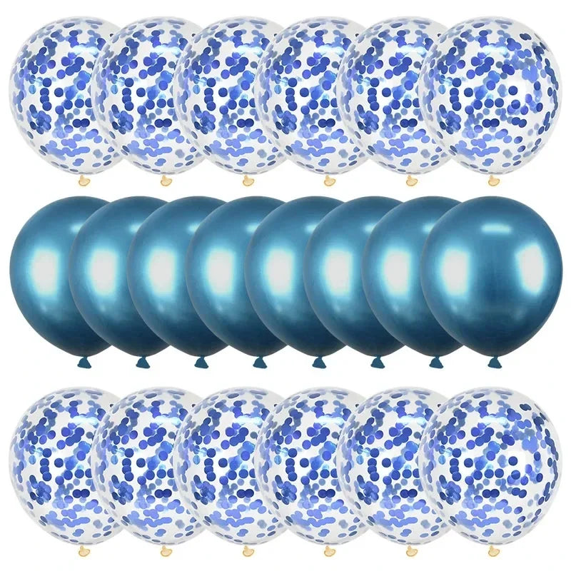 A pack of 20 blue and white confetti balloons for parties and celebrations.
