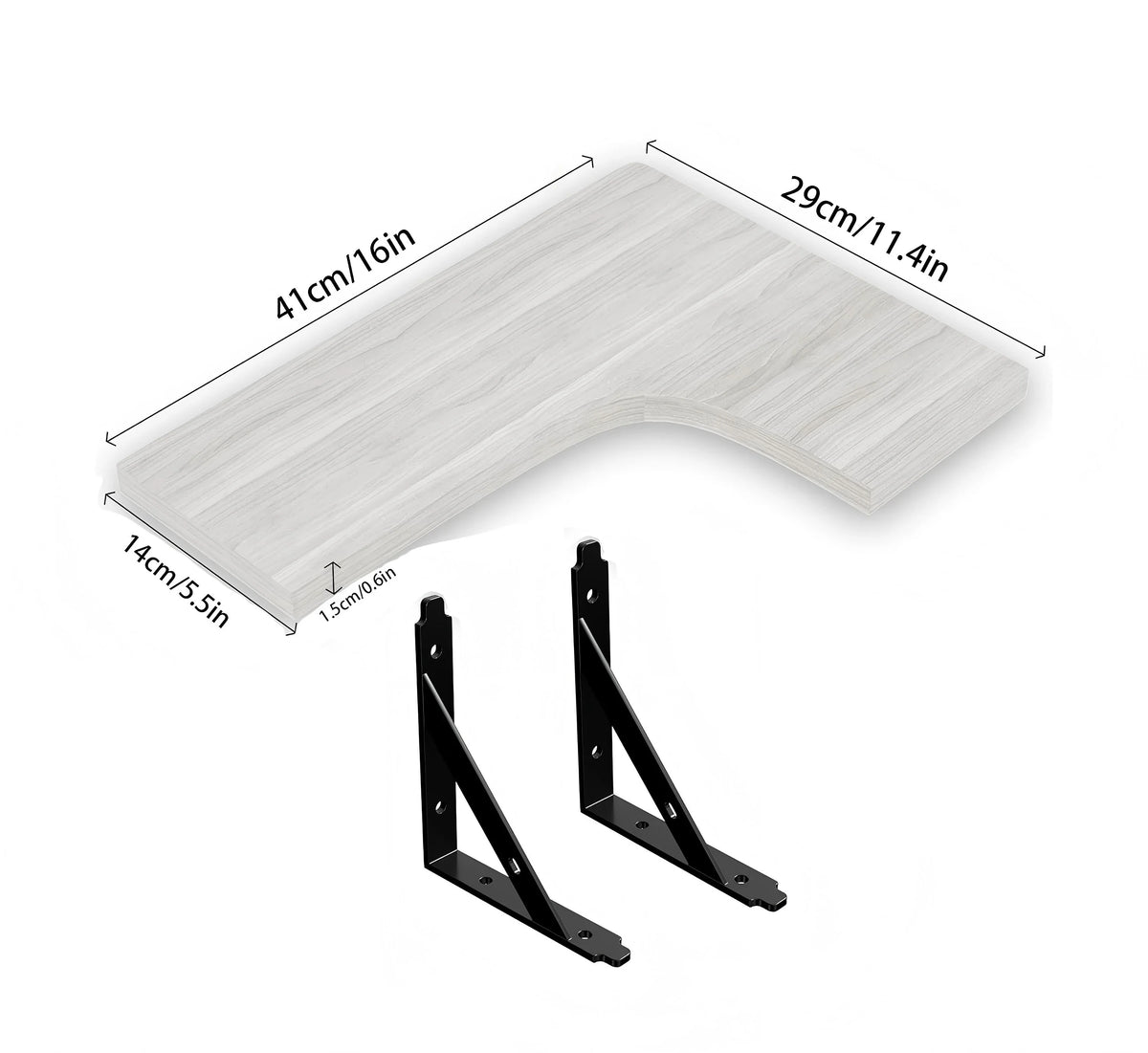 A light wood floating shelf piece with measurements and two black corner mounting brackets.