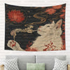 A tapestry featuring a black cat smoking under a moon with swirling smoke and floral elements.
