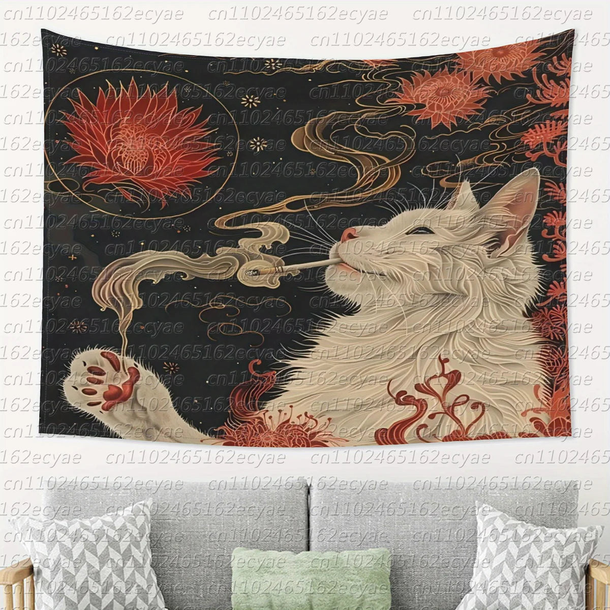 A tapestry featuring a black cat smoking under a moon with swirling smoke and floral elements.