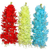 Three vertical garlands of artificial wisteria flowers in red, yellow, and blue.