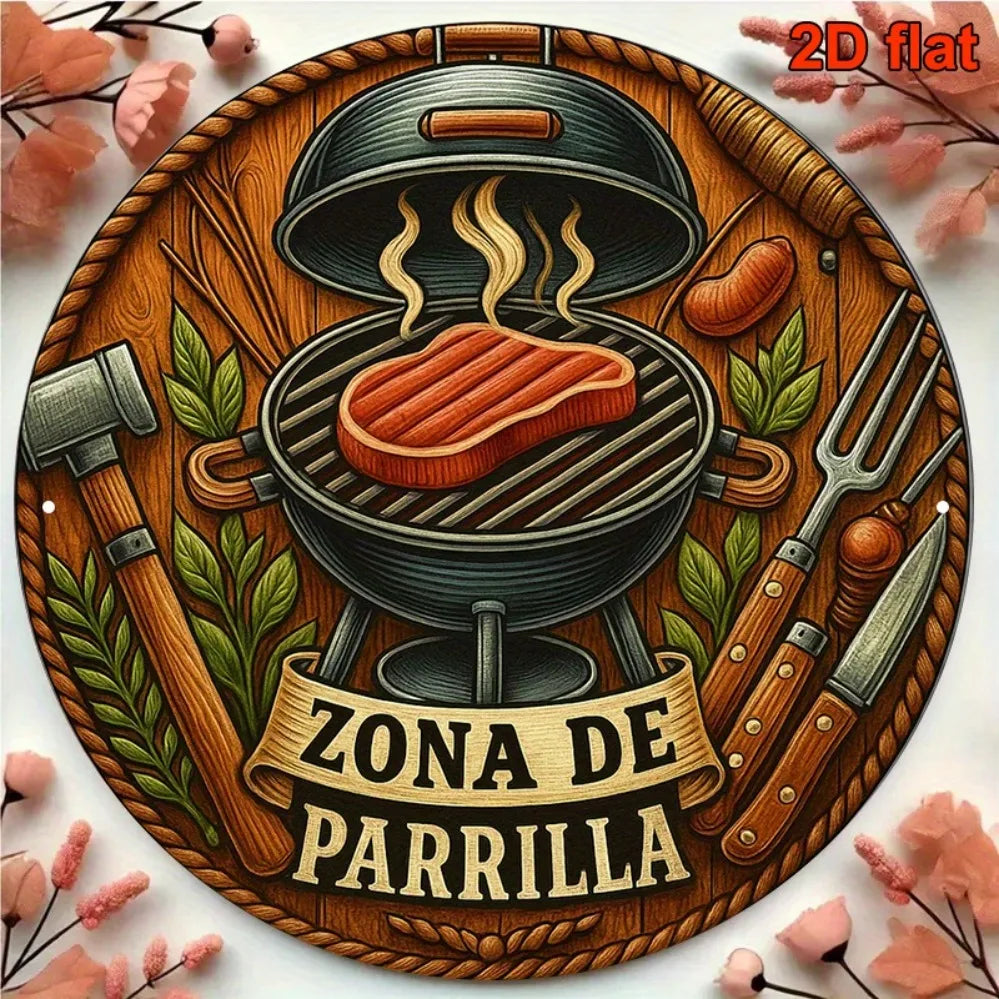 A round wooden plaque featuring a detailed illustration of a barbecue grill with meat cooking on it and surrounding utensils.