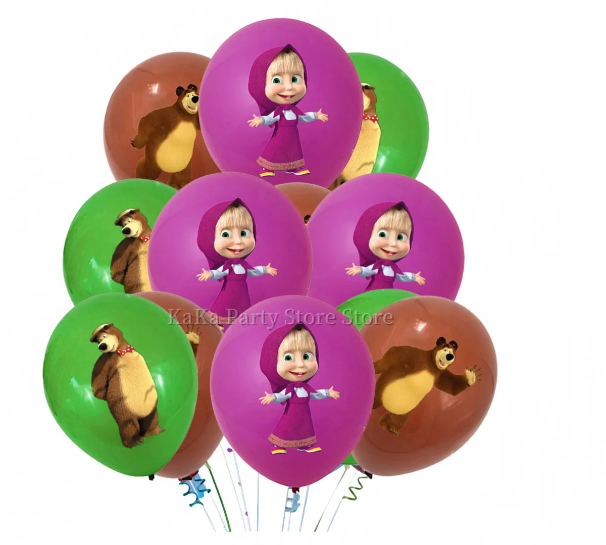 A set of pink and green balloons featuring characters from Masha and Bear