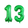 Two foil balloons shaped like the numbers 1 and 3 in bright green for birthday party decor
