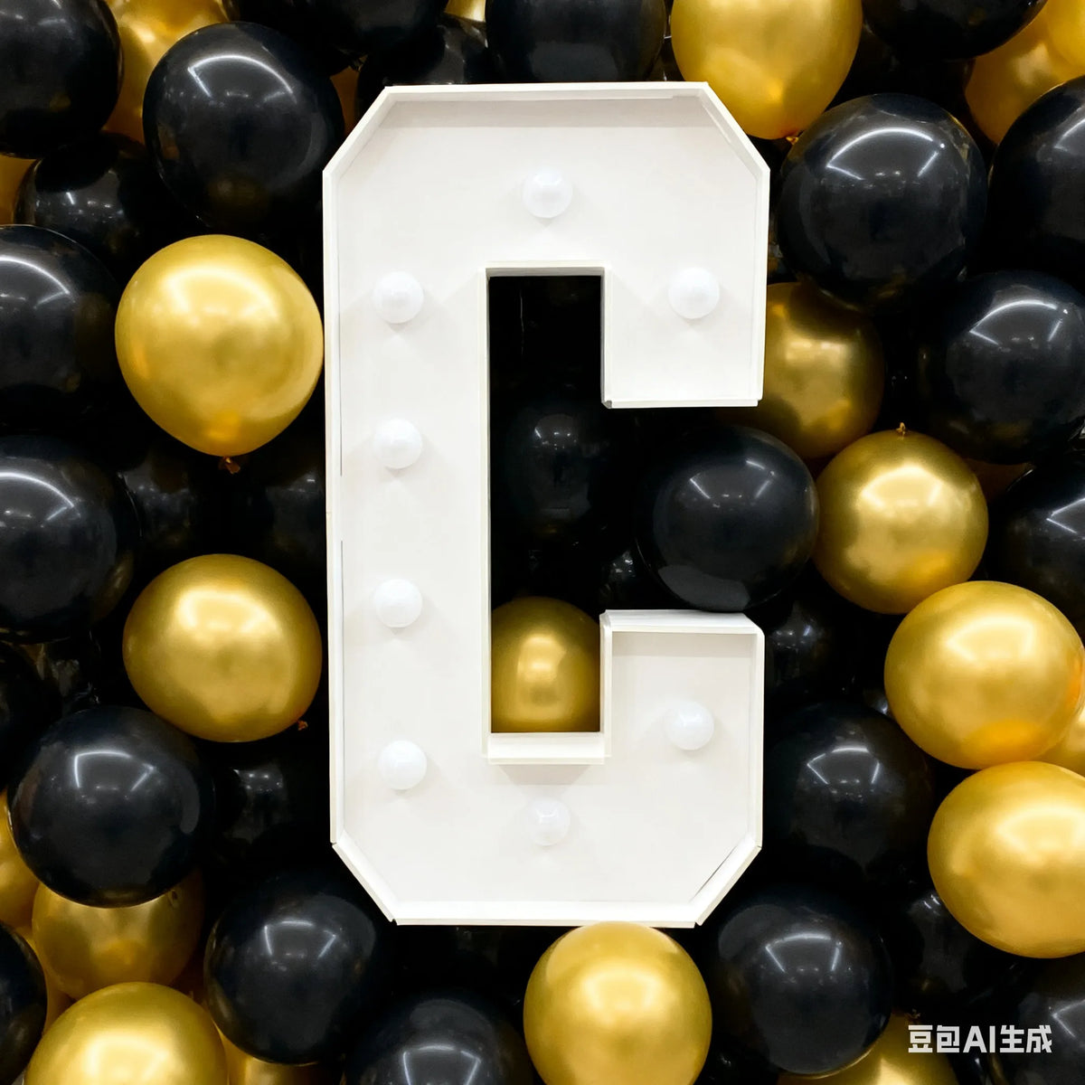 A large white marquee letter C surrounded by black and gold balloons for party decor