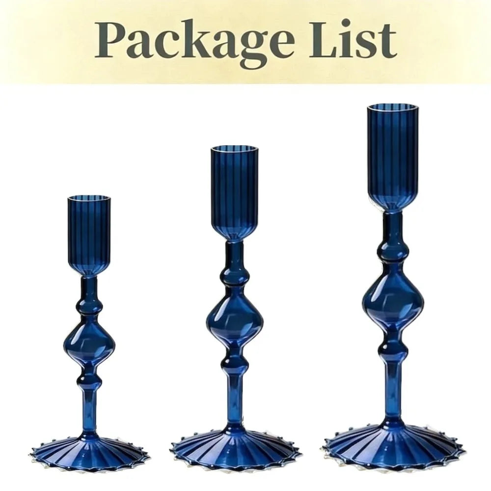 A package list showing three blue glass tapered candle holders with ruffled bases.
