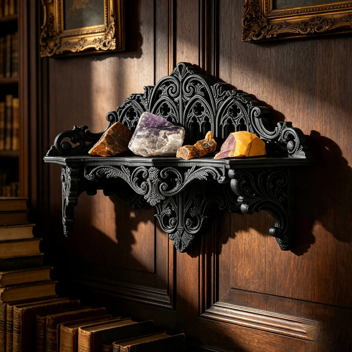 An ornate black Gothic wall shelf displaying three polished mineral specimens on a dark wooden panel.