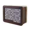 A wooden piggy bank with a grid of numbered slots for saving money.