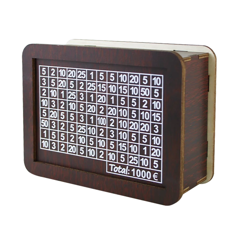 A wooden piggy bank with a grid of numbered slots for saving money.