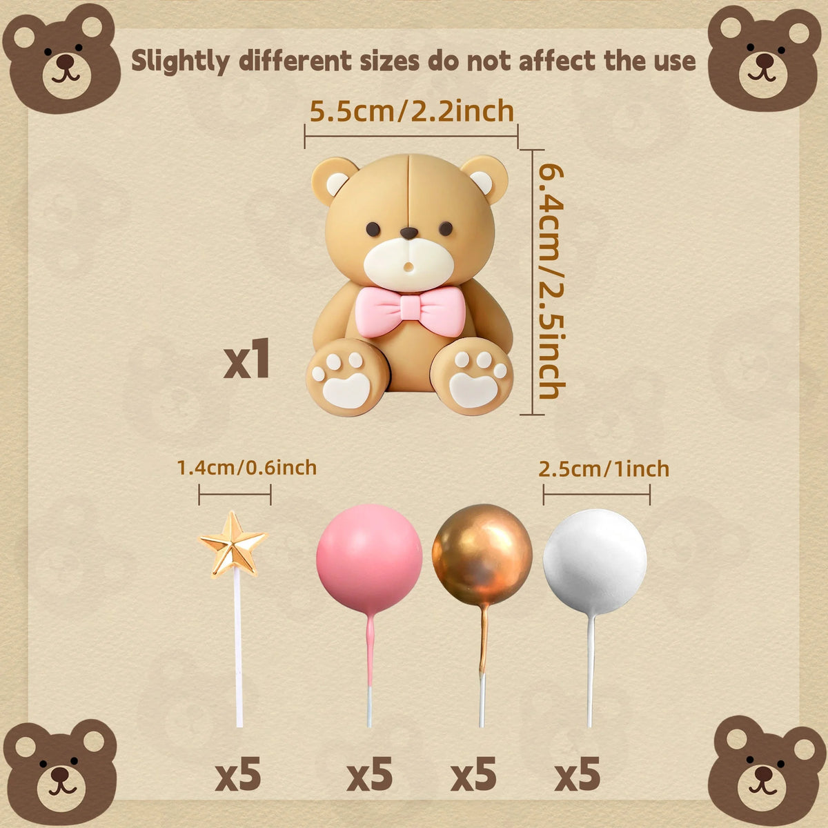A set of five bear-themed cake toppers featuring brown balls and various colored balloons on sticks.