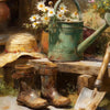 A still life featuring old boots, a watering can, and gardening tools on a wooden surface.