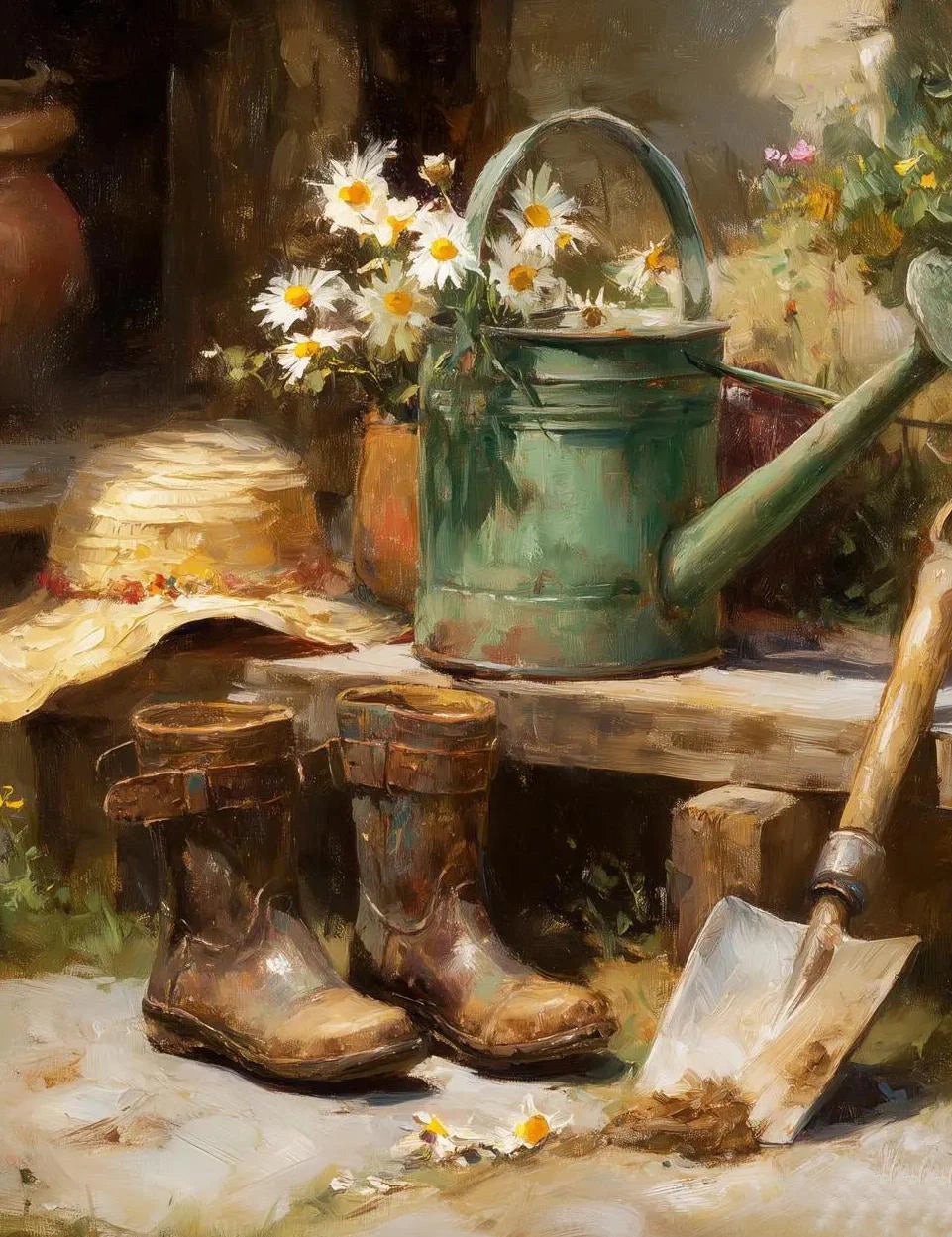 A still life featuring old boots, a watering can, and gardening tools on a wooden surface.