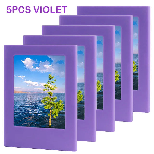 Five violet magnetic photo frames displaying a scenic landscape with trees and water.