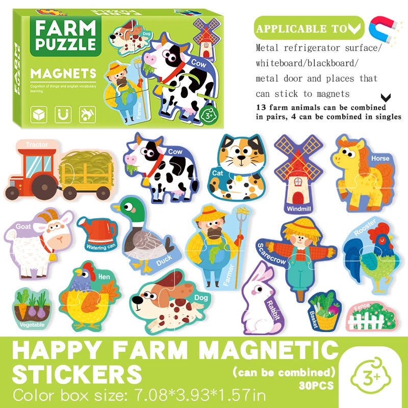 A box of farm magnetic stickers featuring animals like cows, pigs, goats, and horses for learning puzzles.