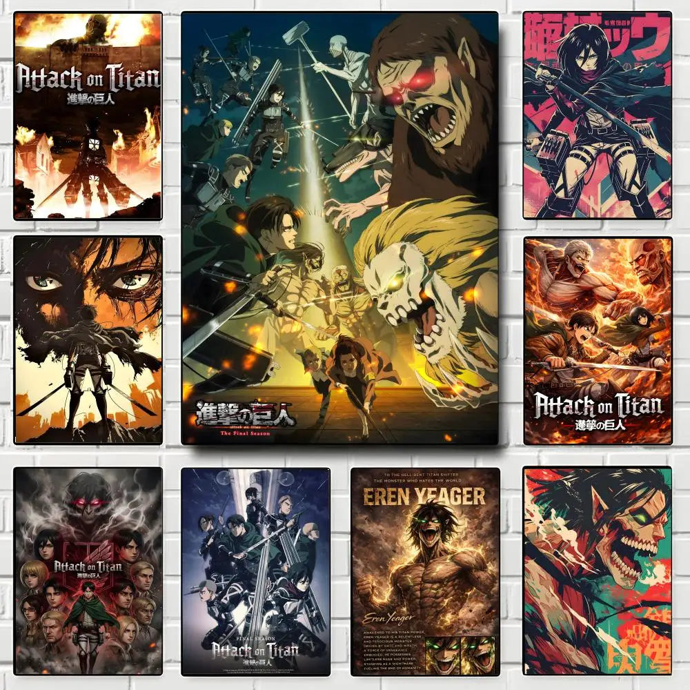 A collage of various Attack on Titan posters and artwork featuring characters and scenes from the series.