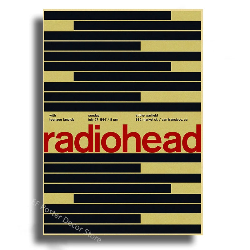 Poster art featuring horizontal black and gold bars with the word radiohead in red text